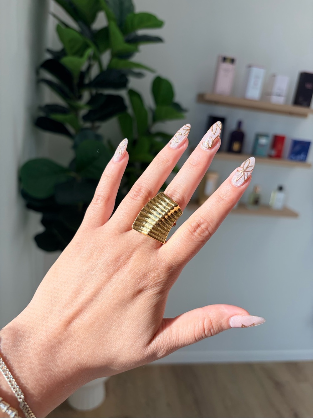 Gold Ribbed Wide Band Ring - Women